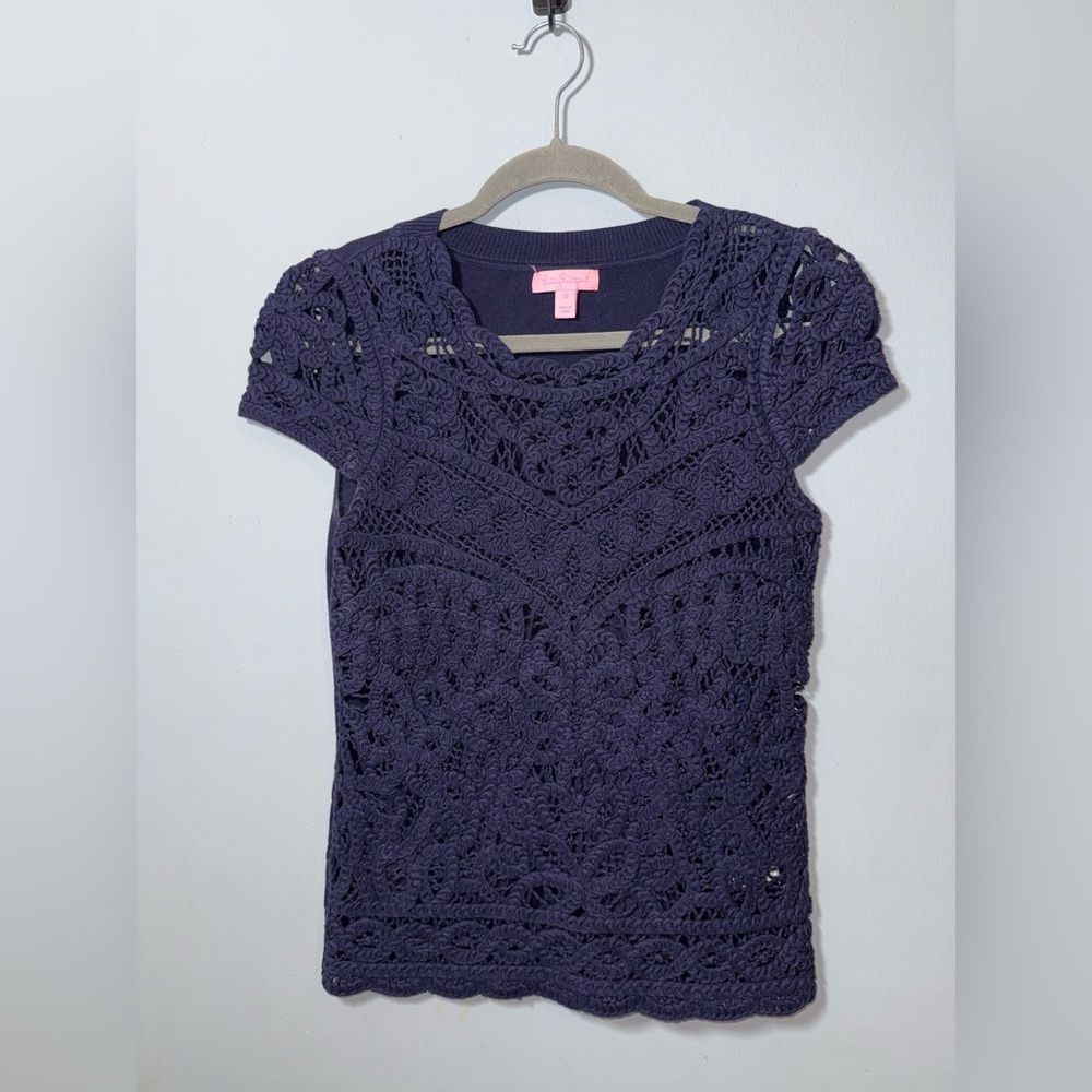 Lily Pulitzer Cap Sleeve Cotton Crochet Sweater Top Size XS EUC